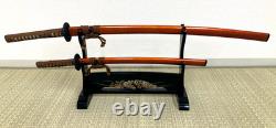 Japanese sword set with wooden display stand Katana Samurai Bushi Vintage